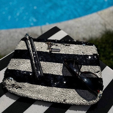 Clutch stripe paillette creme/schwarz mit Handhenkel