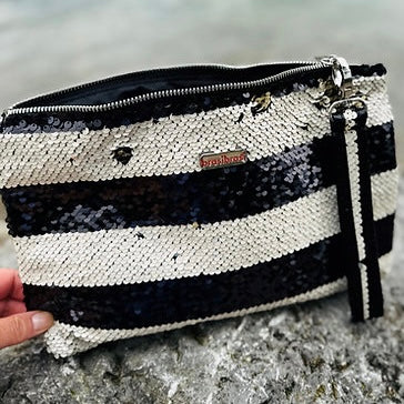 Clutch stripe paillette creme/schwarz mit Handhenkel